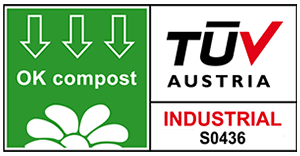 Sello TÜV Austria OK compost INDUSTRIAL que avala la conformidad con la norma EN 13432 para la compostabilidad de los biopolímeros INZEA.